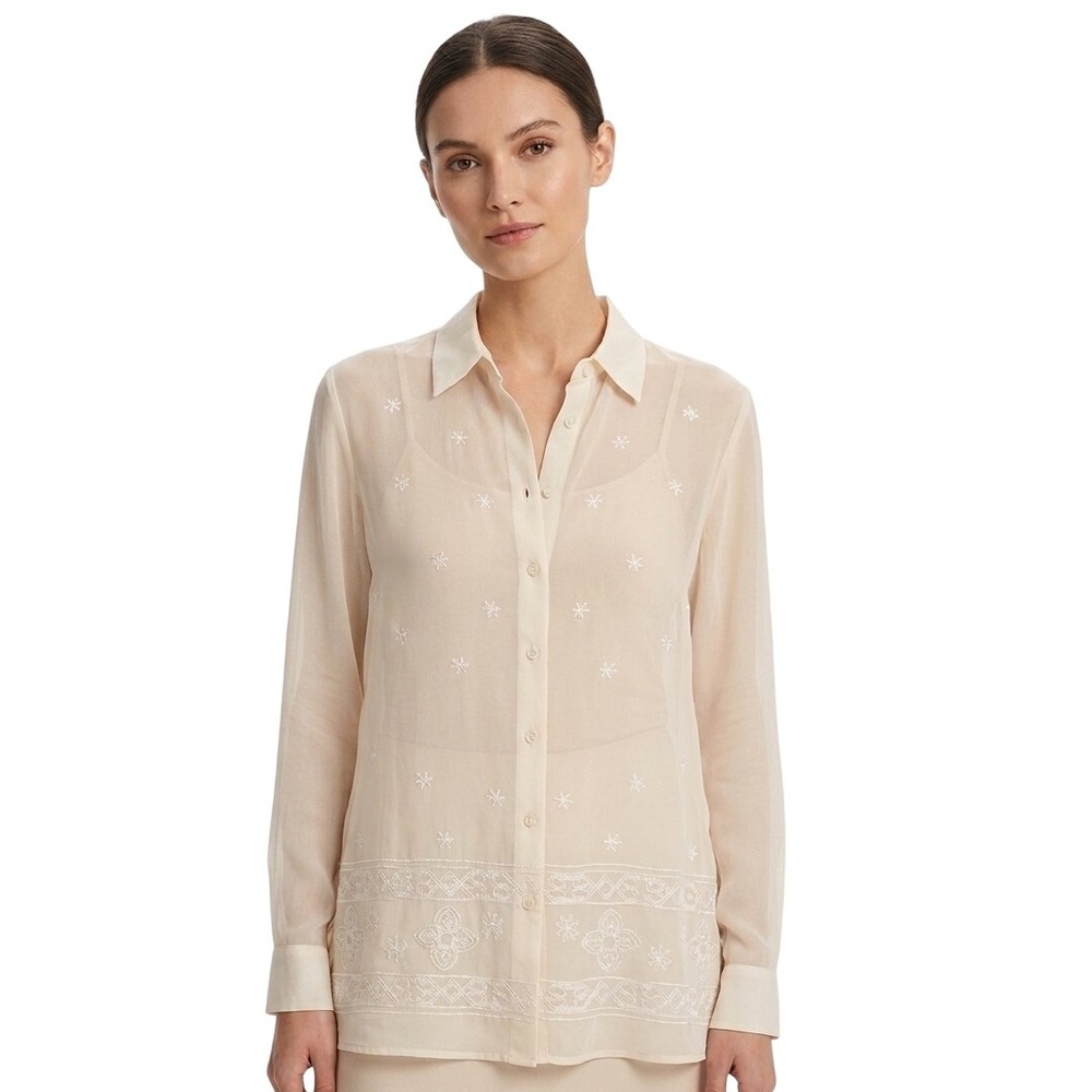 Valerie Stevens 100% Silk Cream Ivory Embroidered Button Up Blouse Size Small‎